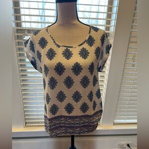 Pink Rose Blue and Cream Patterned Blouse